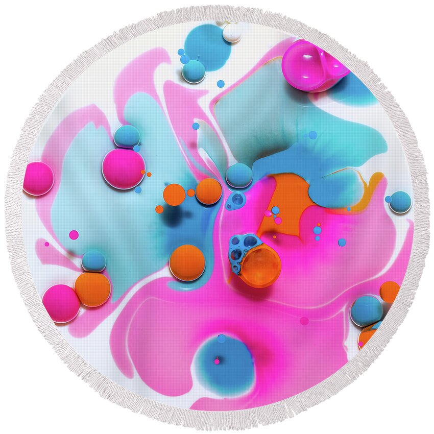 Abstract Round Beach Towel featuring the photograph Splash Of Neon Colors And Bubbles by Elvira Peretsman