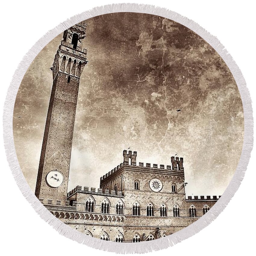 Siena Round Beach Towel featuring the photograph Splendid Torre del Mangia in Sepia by Ramona Matei