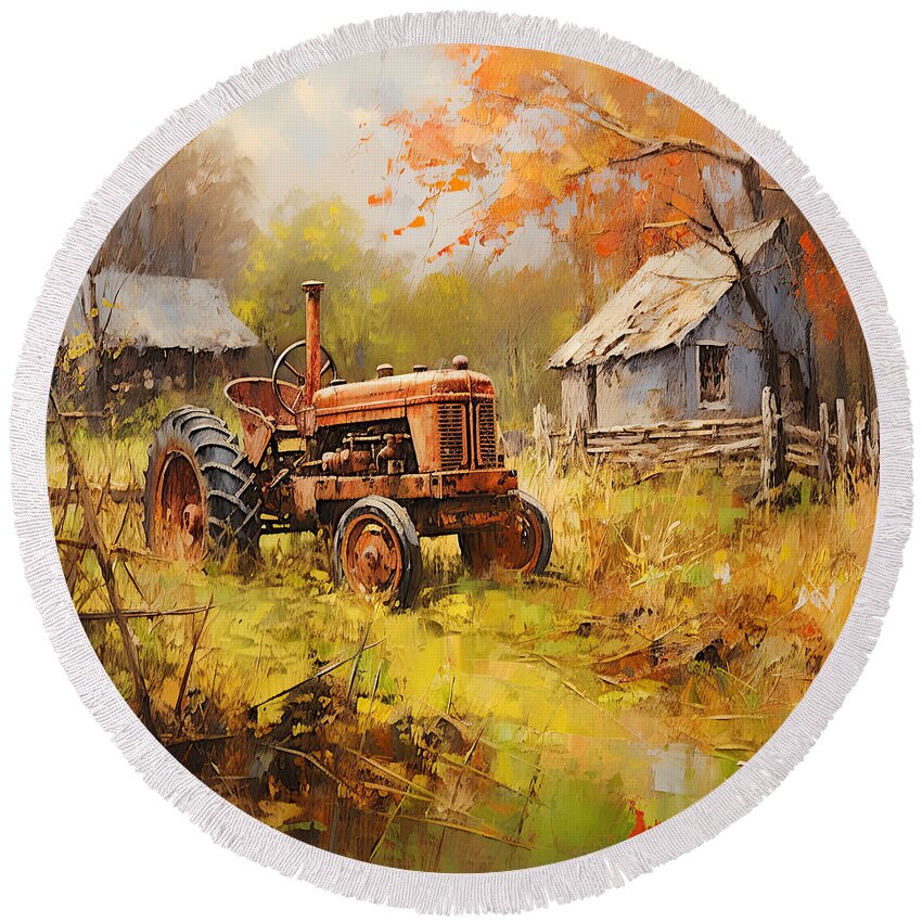 Red Tractor Round Beach Towel featuring the painting Splendor of the Past - Red Tractor Art by Lourry Legarde