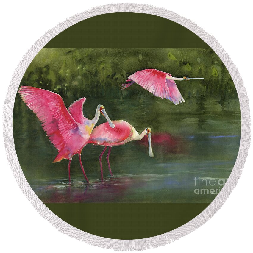Watercolor Spoonbills Round Beach Towel featuring the painting Spoonbills by Amy Kirkpatrick