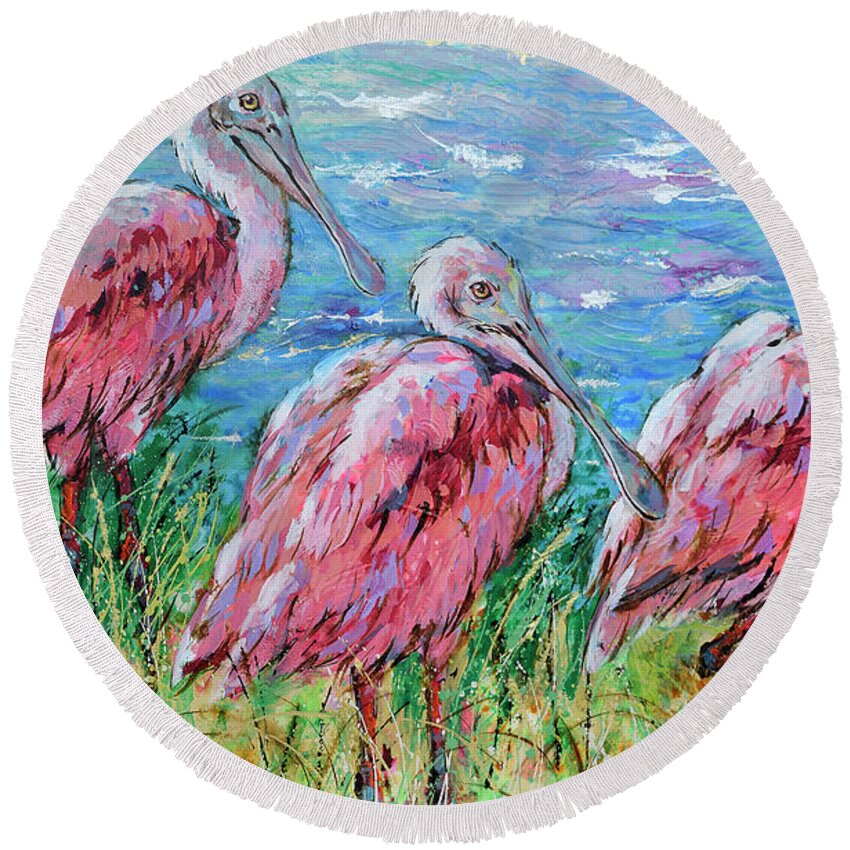 Spoonbills Round Beach Towel featuring the painting Spoonbills at the Lake by Jyotika Shroff