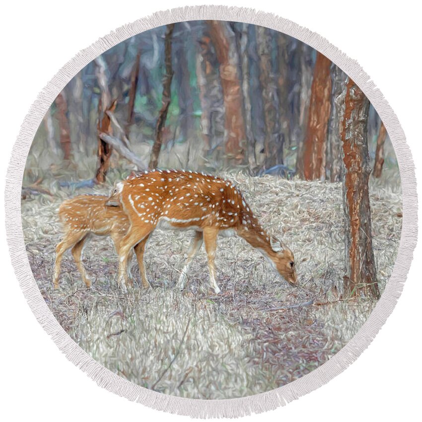 Wildlife Round Beach Towel featuring the digital art Spotted deer in the forest by Pravine Chester