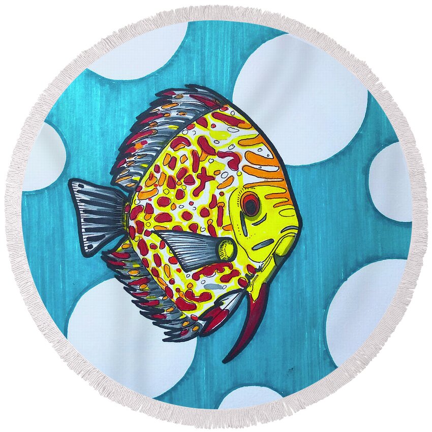 Discus Fish Round Beach Towel featuring the drawing Spotted Discus Fish by Creative Spirit