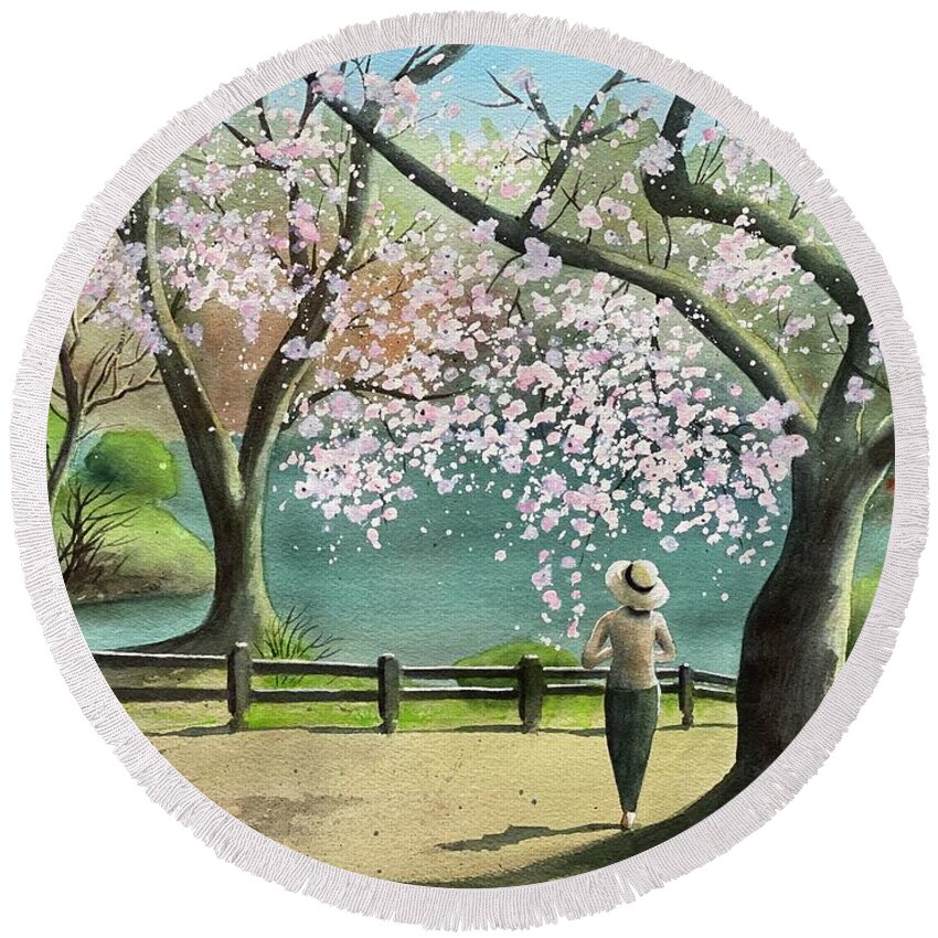 Cherry Blossom Round Beach Towel featuring the painting Spring Beauties by Kelly Miyuki Kimura