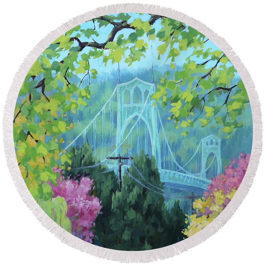Portland Round Beach Towel featuring the painting Spring Bridge by Karen Ilari