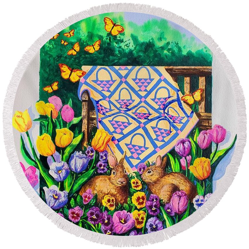 Quilt Round Beach Towel featuring the painting Spring Bunnies and Basket Quilt by Diane Phalen