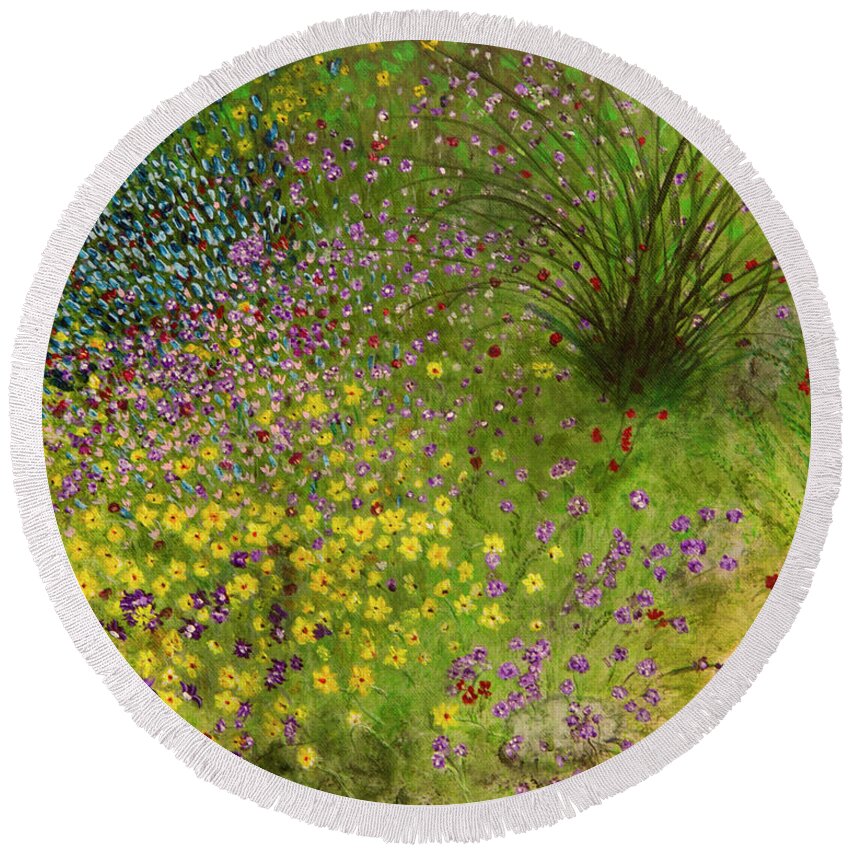 Arboretum Round Beach Towel featuring the painting Spring Fling by Donna Manaraze