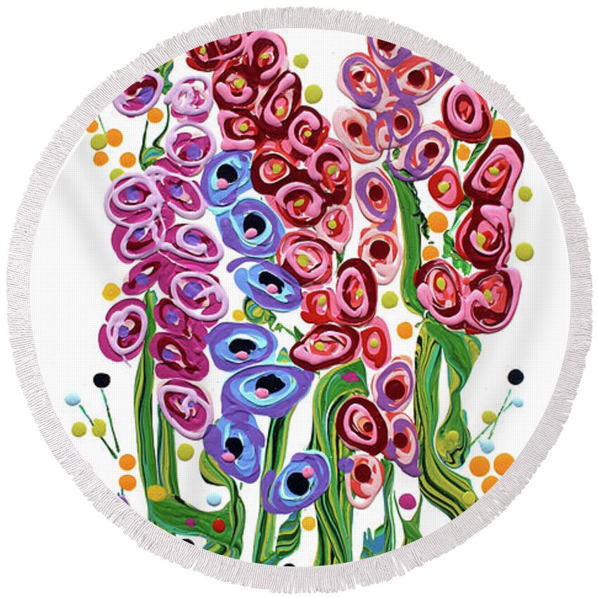 Fluid Painting Round Beach Towel featuring the painting Spring Flowers in Pink by Jane Crabtree
