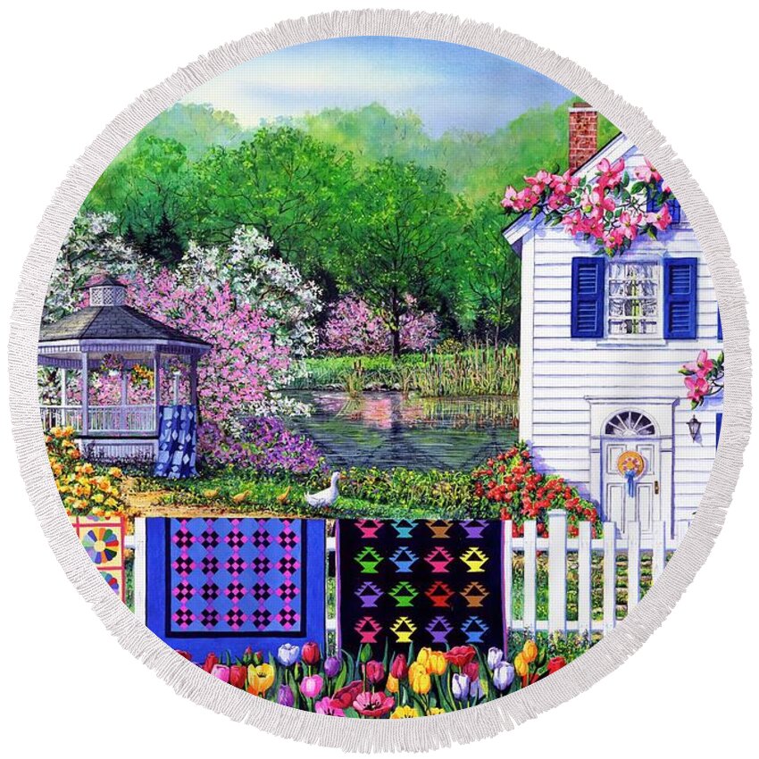 Quilts Round Beach Towel featuring the painting Spring Garden by Diane Phalen