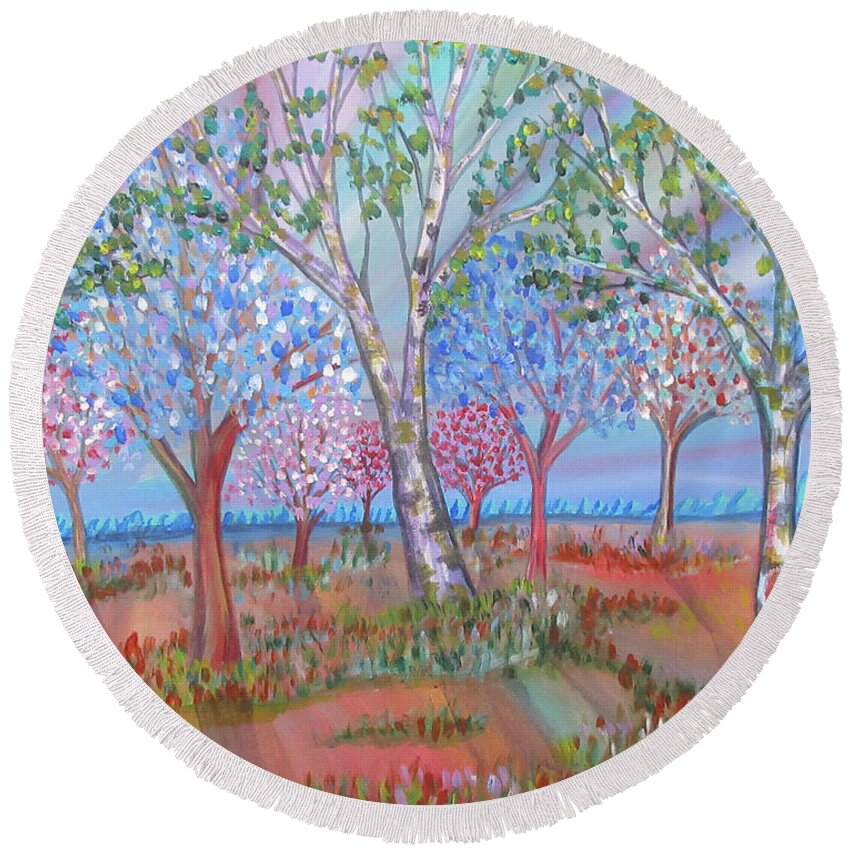 Landscape Trees Spring Birch Colourful Ontario Canada Lobby Office Abstract Realism Round Beach Towel featuring the painting Spring Is In The Air by Bradley Boug