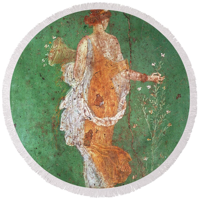 Spring Round Beach Towel featuring the painting Spring, maiden gathering flowers, from the villa of Varano in Stabiae by Roman School