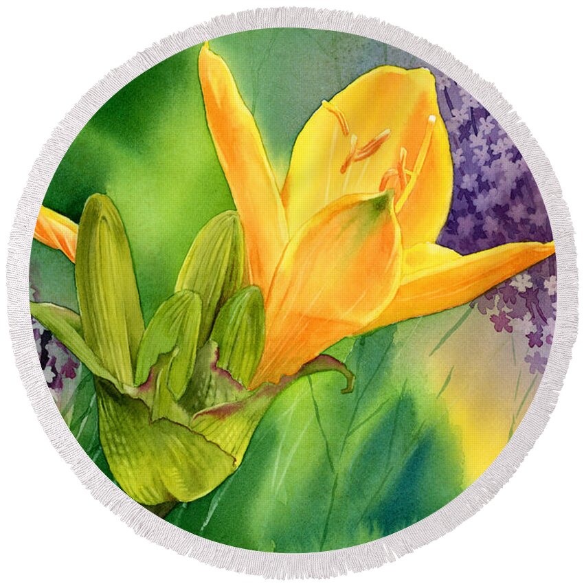 Lily Round Beach Towel featuring the painting Spring Melody by Espero Art