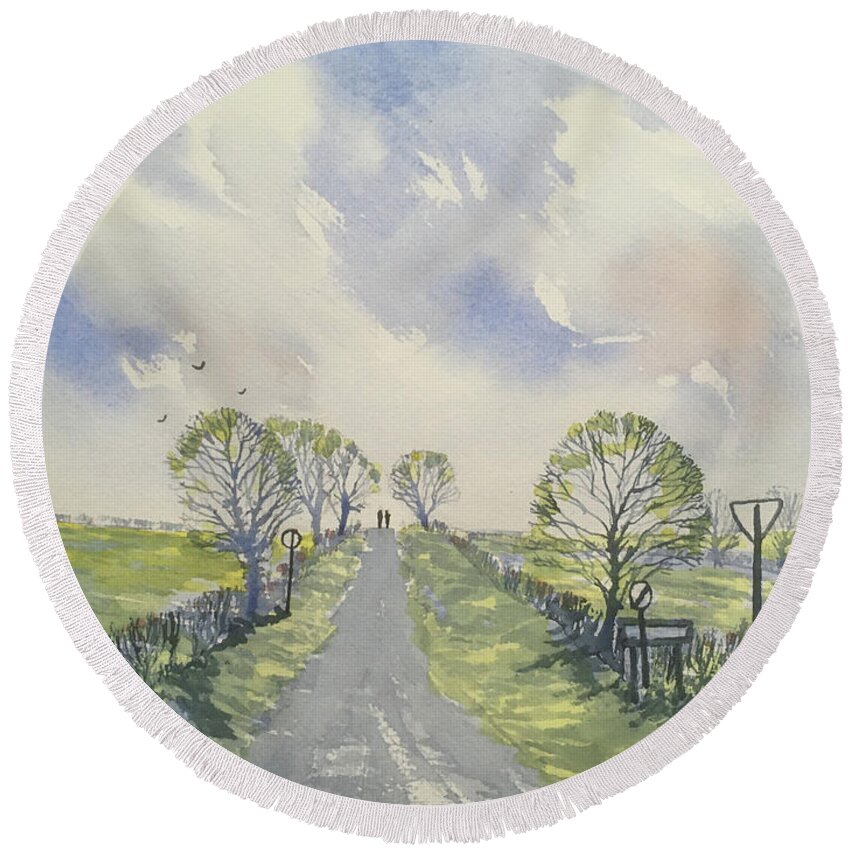 Watercolour Round Beach Towel featuring the painting Spring Sky over York Road, Kilham by Glenn Marshall