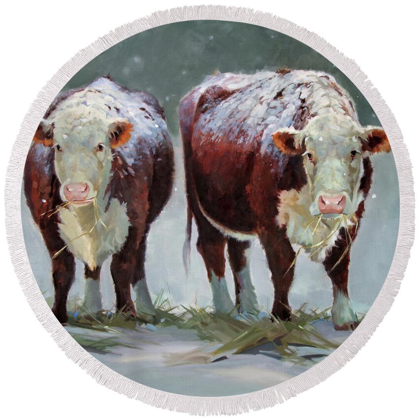 Ranch Animals Round Beach Towel featuring the painting Spring Snow by Carolyne Hawley
