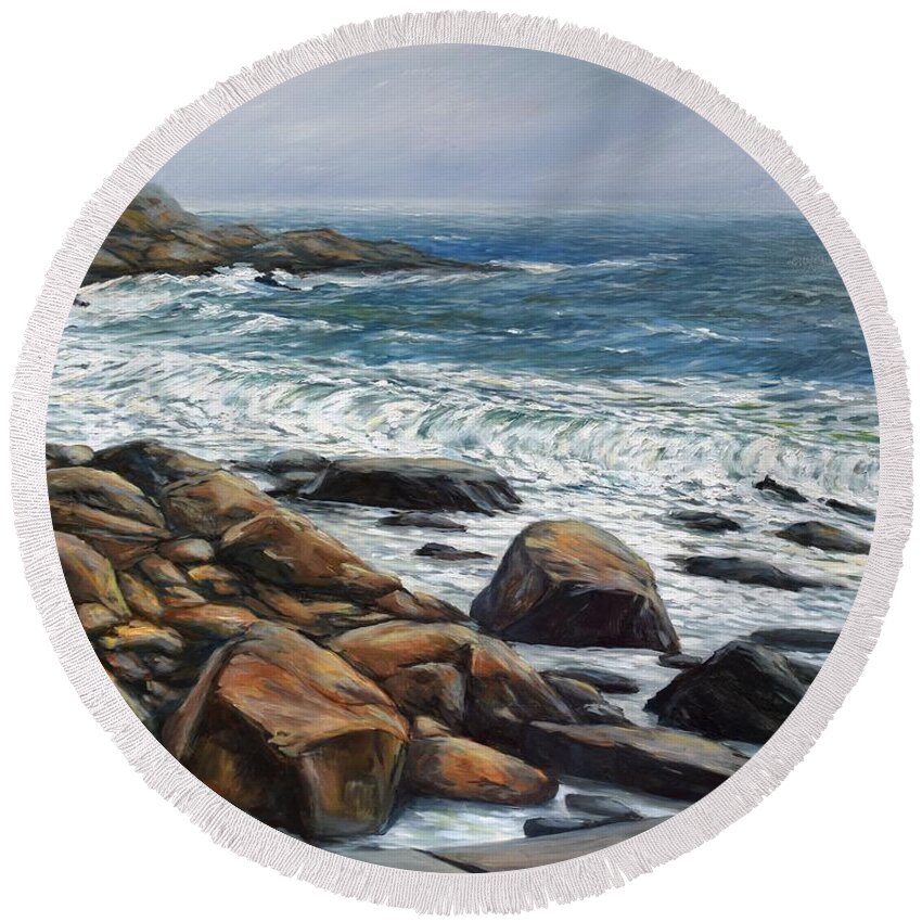 Beach Round Beach Towel featuring the painting Spring Storm Old Garden Beach Rockport MA by Eileen Patten Oliver