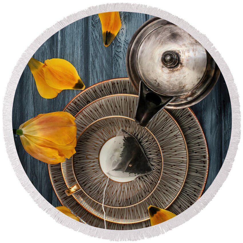 Still Life Round Beach Towel featuring the photograph Spring Tea by Maggie Terlecki