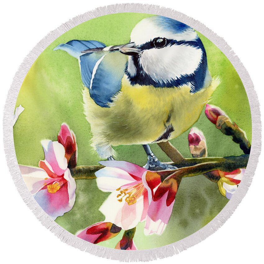 Blue Tit Round Beach Towel featuring the painting Spring Twittering by Espero Art