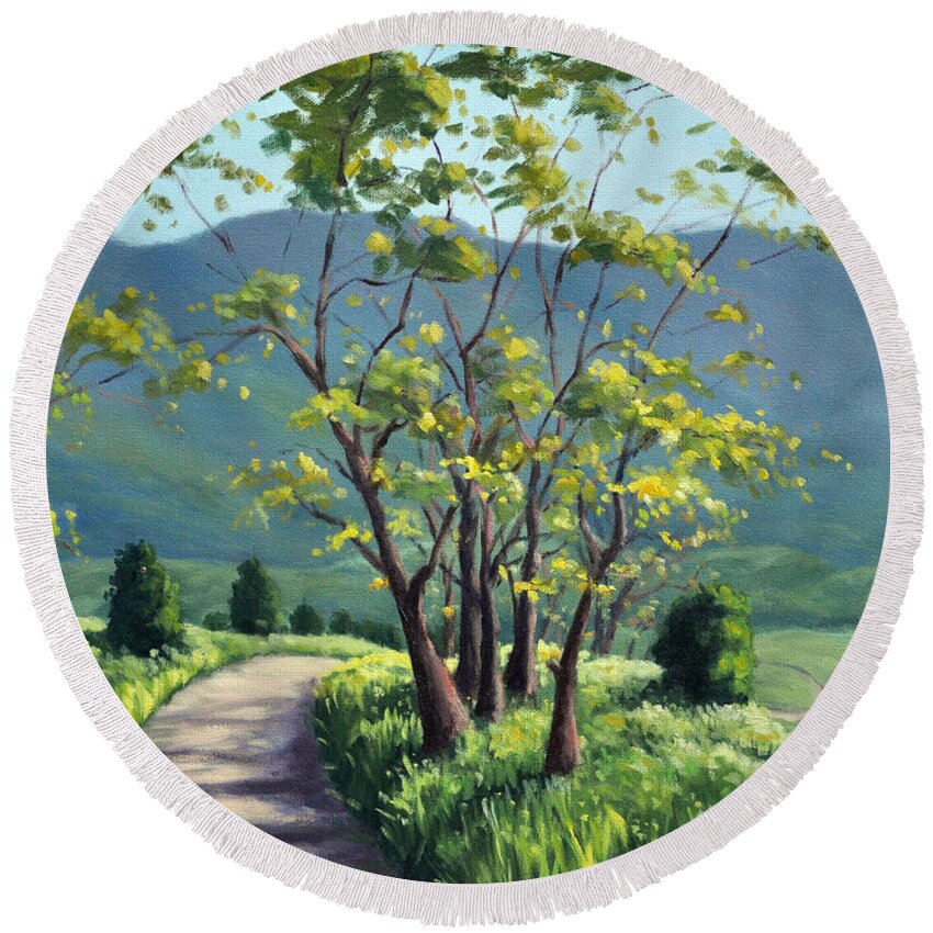 Landscape Round Beach Towel featuring the painting Spring Valley Trail by Rick Hansen