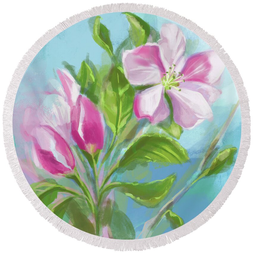 Apple Round Beach Towel featuring the mixed media Springtime Apple Blossoms by Shari Warren