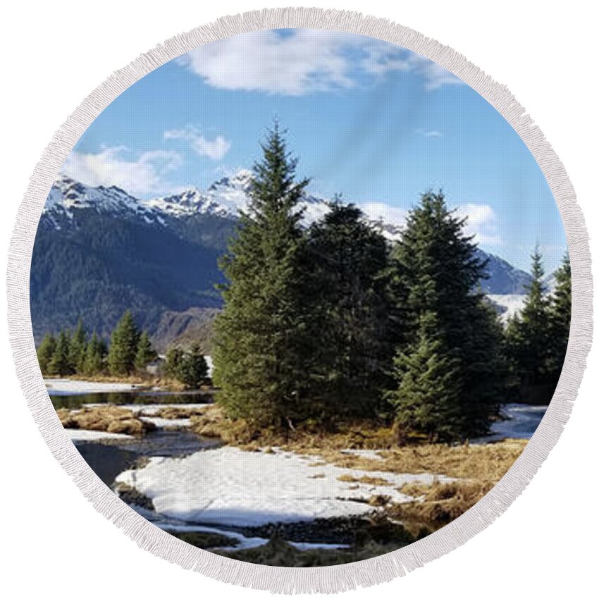 #alaska #ak #juneau #cruise #tours #vacation #peaceful #sealaska #southeastalaska #calm #mendenhallglacier #glacier #capitalcity #dredgelakes #forrest #stream #hike #hiking #snow #cold #clouds #spring #mtmcginnis #panorama #sprucewoodstudios Round Beach Towel featuring the photograph Springtime Glacier Obscured by Charles Vice