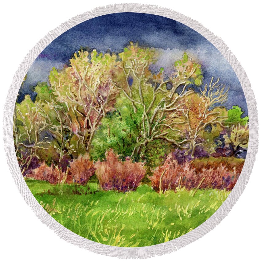 Stormy Sky Painting Round Beach Towel featuring the painting Springtime Stormy Sky by Anne Gifford