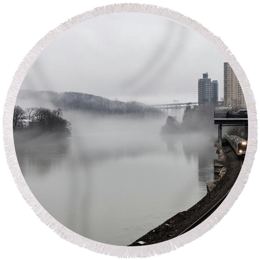 Inwood Round Beach Towel featuring the photograph Spuyten Duyvil with Fog by Cole Thompson