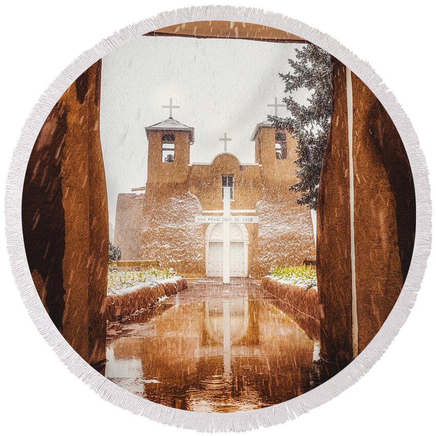 Snow Round Beach Towel featuring the photograph St Francis Church in the Snow 7 by Elijah Rael