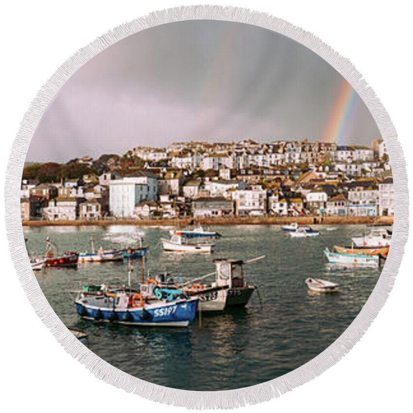 Coast Round Beach Towel featuring the photograph St Ives Fishing Boats and Harbour Rainbow cornwall by Sonny Ryse