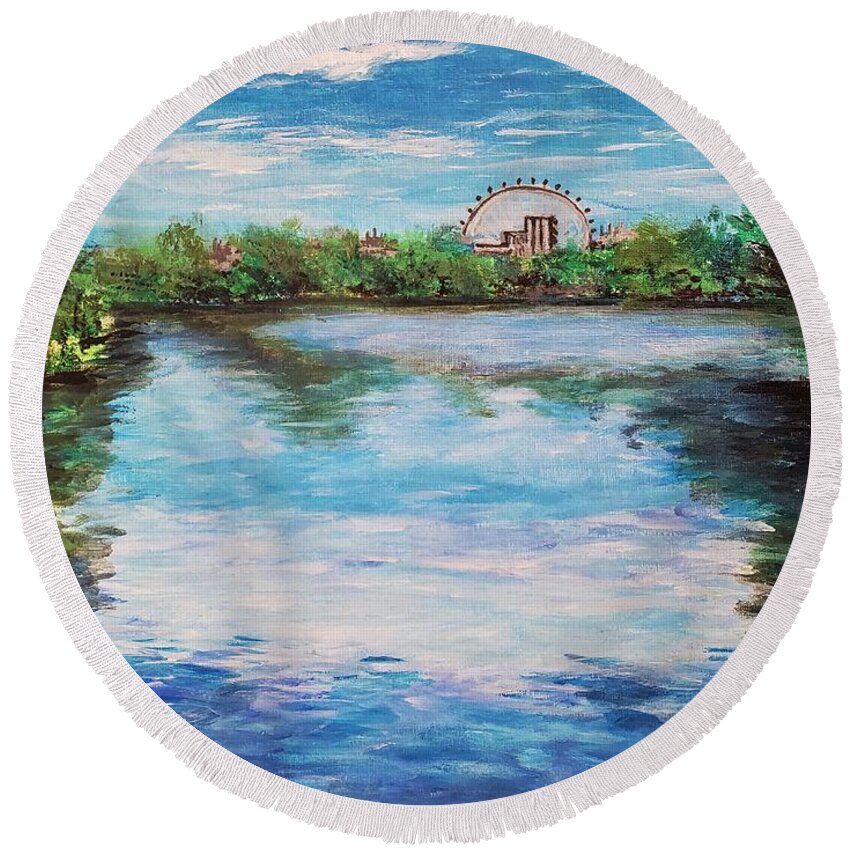 London Round Beach Towel featuring the painting St. James Park and the London Eye by C E Dill