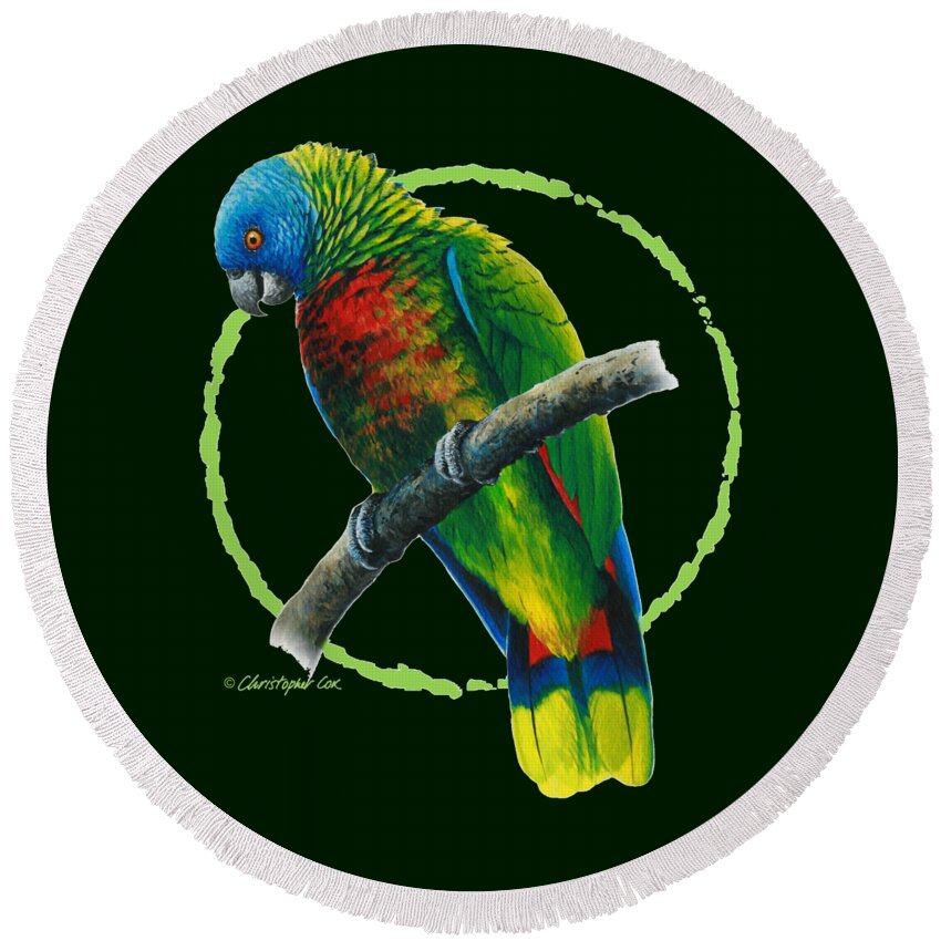 St. Lucia Parrot Round Beach Towel featuring the digital art St. Lucia Amazon by Christopher Cox