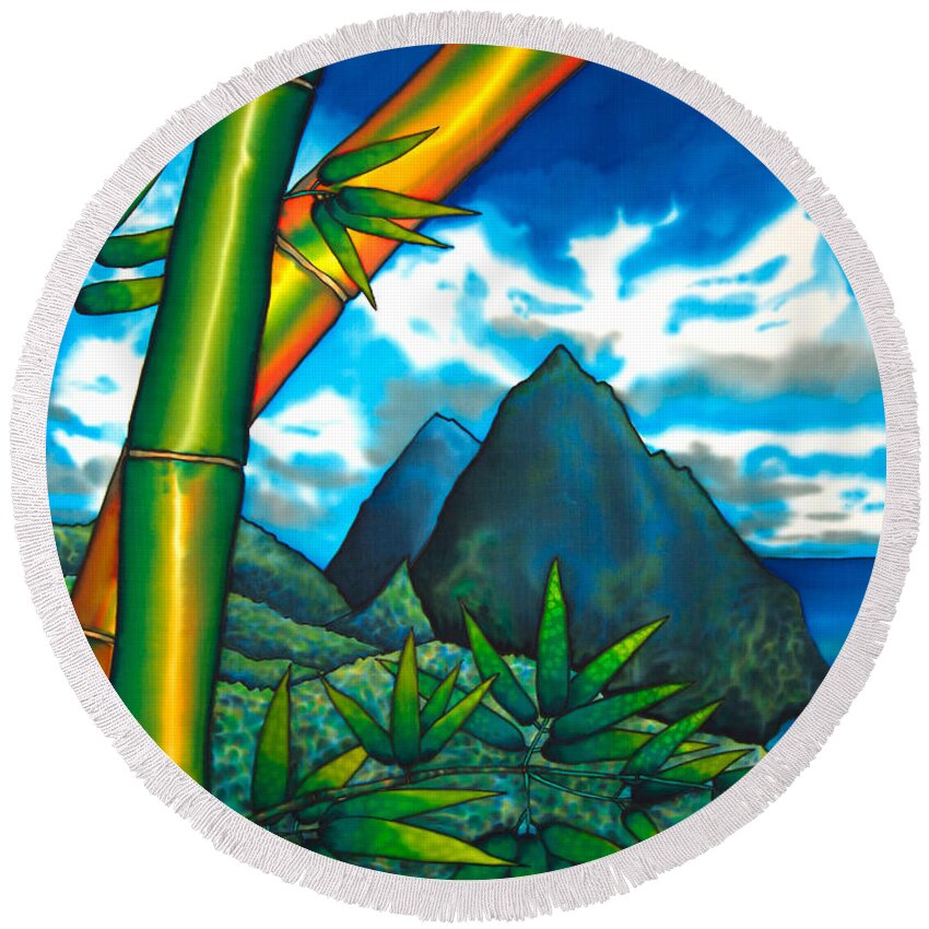 Pitons Round Beach Towel featuring the painting St. Lucia Pitons by Daniel Jean-Baptiste