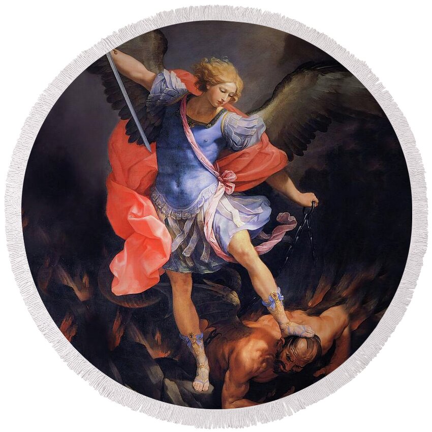 St Michael Round Beach Towel featuring the mixed media St Michael the Archangel Angel by Guido Reni