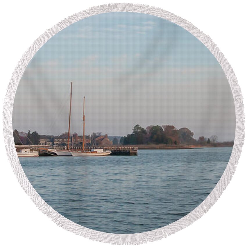 St Michaels Round Beach Towel featuring the photograph St Michaels Lighthouse - Chesapeake Bay Maryland Panorama by Bill Cannon