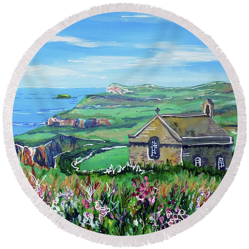 St Non's Chapel Round Beach Towel featuring the painting St Non's Chapel by Laura Hol Art
