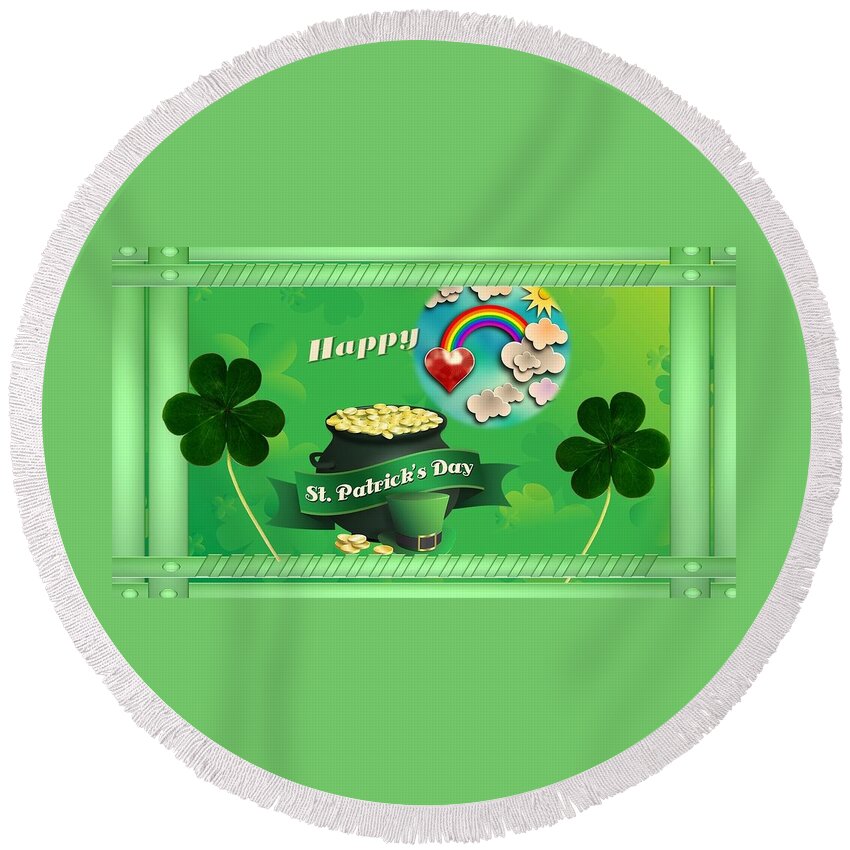 St. Patrick's Day Round Beach Towel featuring the mixed media St. Patrick's Day for Kids by Nancy Ayanna Wyatt