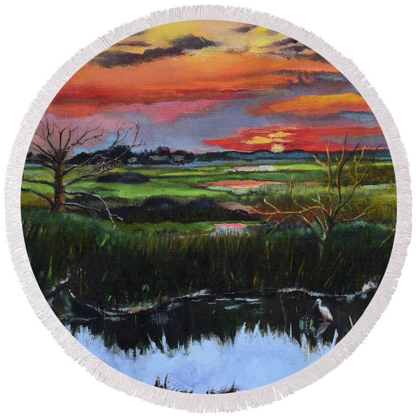 St. Simons Round Beach Towel featuring the painting St. Simons Sunrise by Jan Dappen