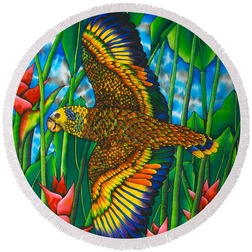 Bird Round Beach Towel featuring the painting St. Vincent Amazon by Daniel Jean-Baptiste