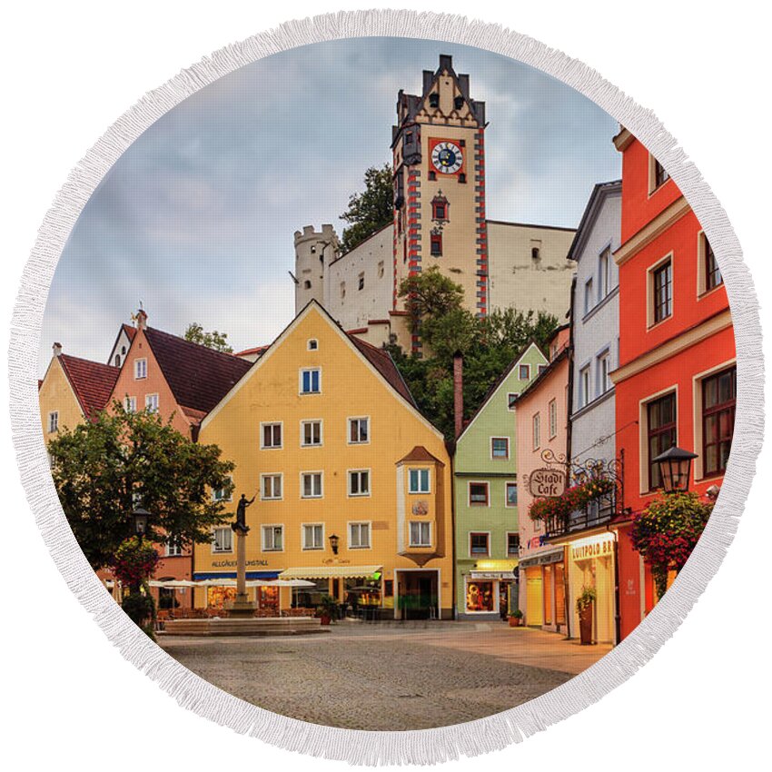 Bavaria Round Beach Towel featuring the photograph Stadtbrunnen in Fussen, Germany by Alexey Stiop