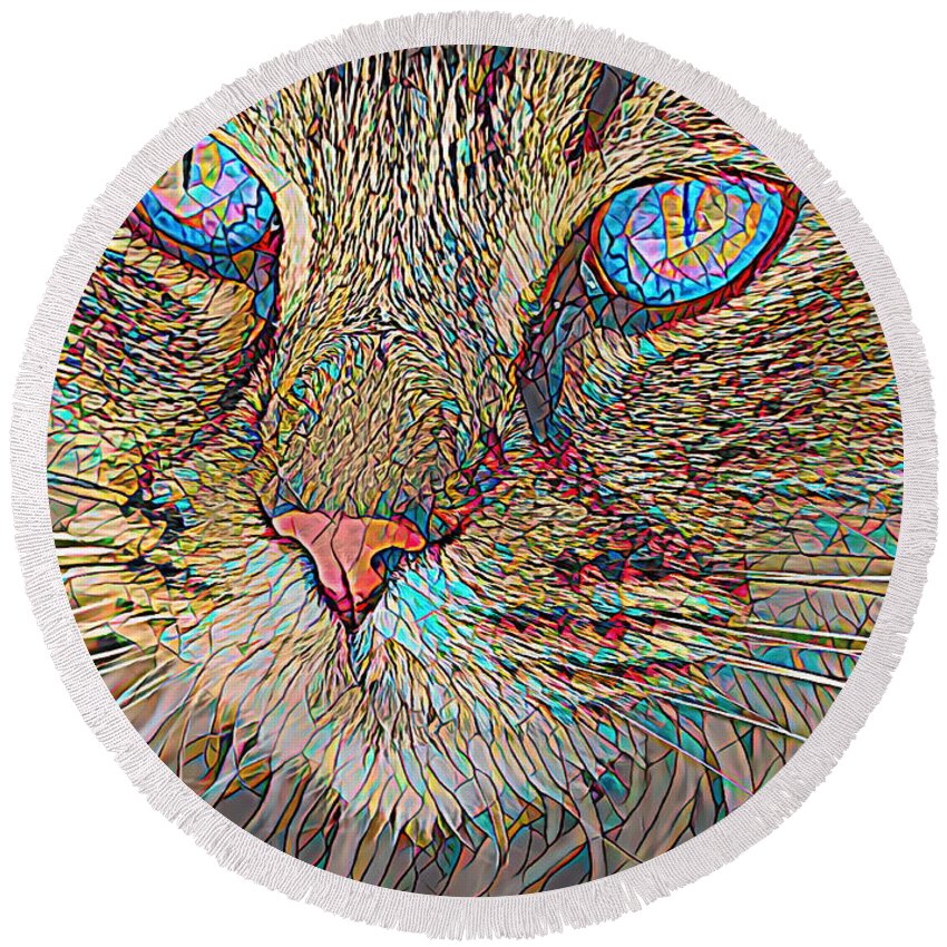 Cat Round Beach Towel featuring the digital art Stained Glass Cat by Deborah League
