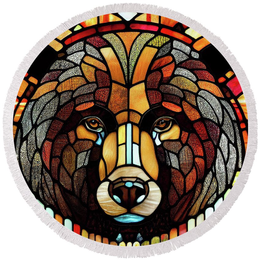 Stained Glass Round Beach Towel featuring the digital art Stained Glass Grizzly Bear by Tina LeCour