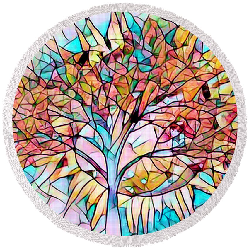 2017 Round Beach Towel featuring the photograph Stained Glass Tree in the Sun by Debra and Dave Vanderlaan