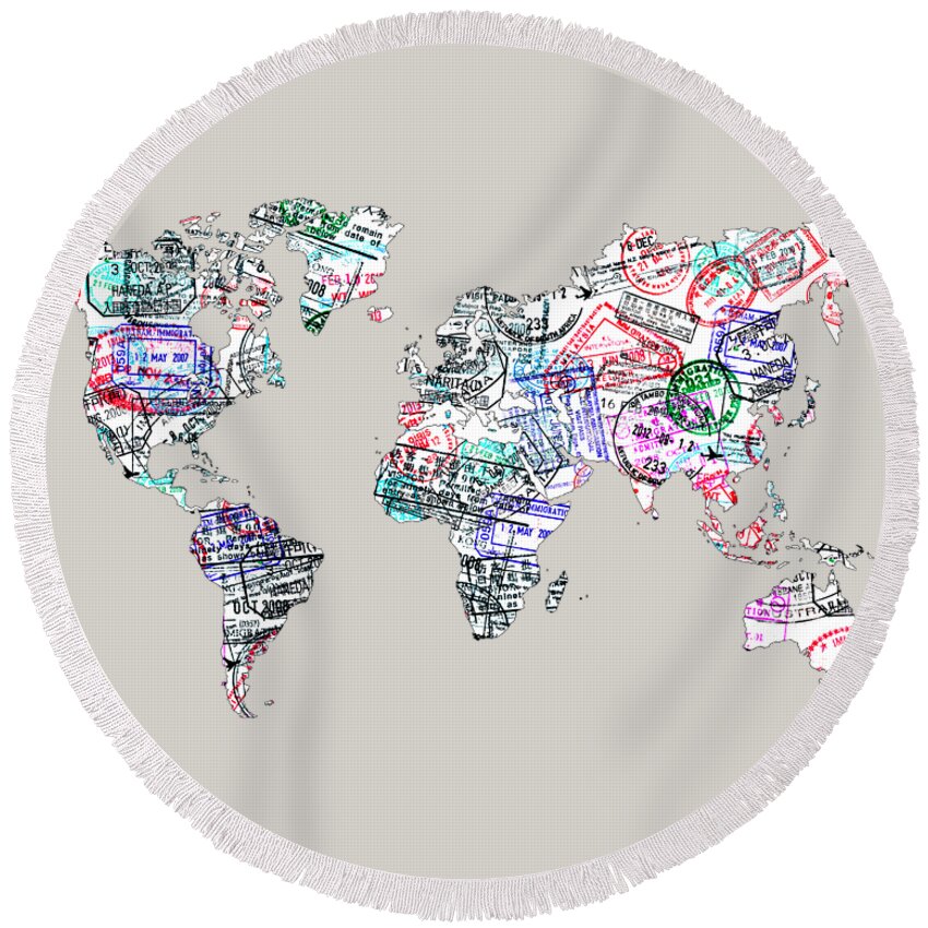 World Round Beach Towel featuring the photograph Stamp art world map by Delphimages Map Creations
