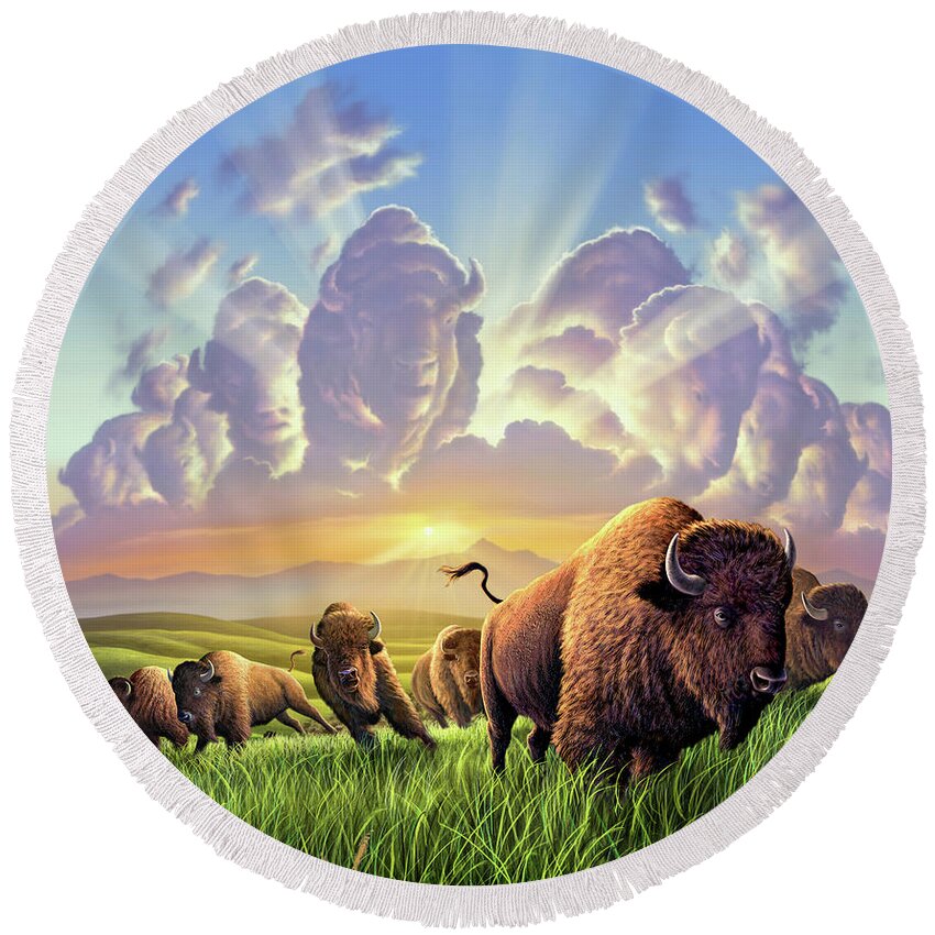 Buffalo Round Beach Towel featuring the painting Stampede by Jerry LoFaro