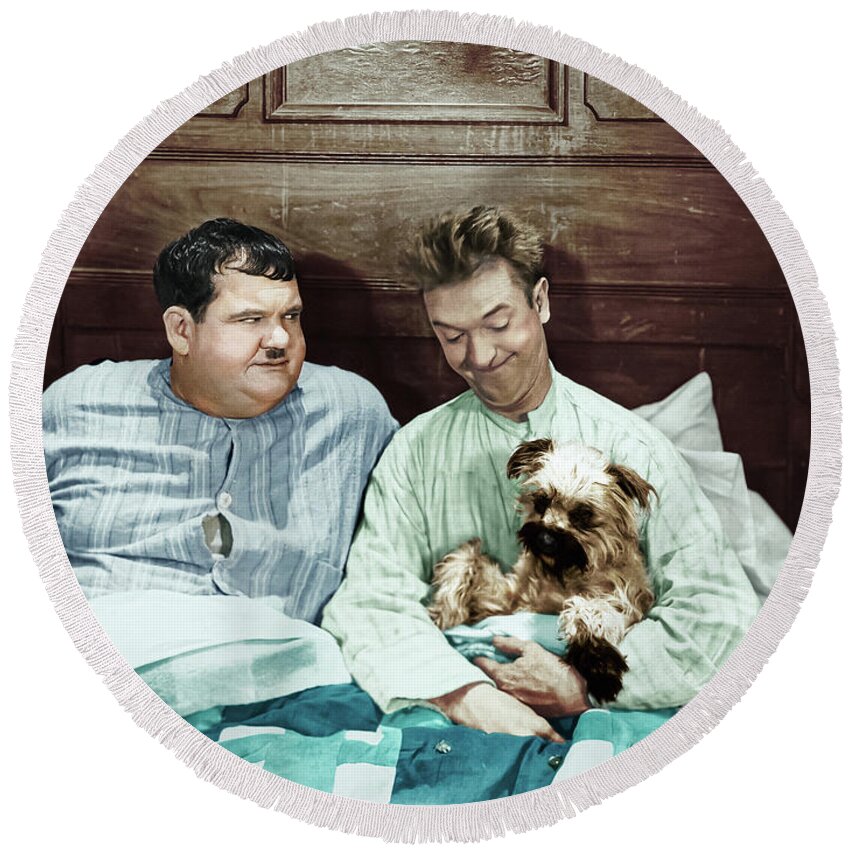 Stan Round Beach Towel featuring the digital art Stan and Ollie with their Puppy by Franchi Torres