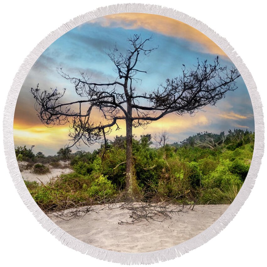 Tree Round Beach Towel featuring the photograph Standing on the Marsh Dunes by Debra and Dave Vanderlaan