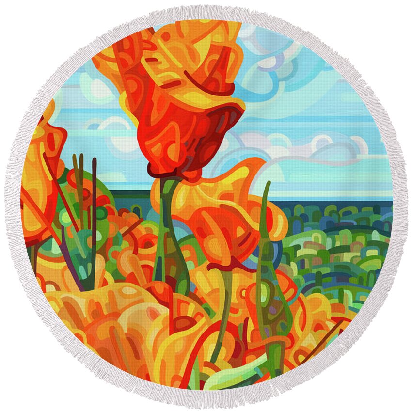 Red Orange Poppies Round Beach Towel featuring the painting Standing Tall by Mandy Budan