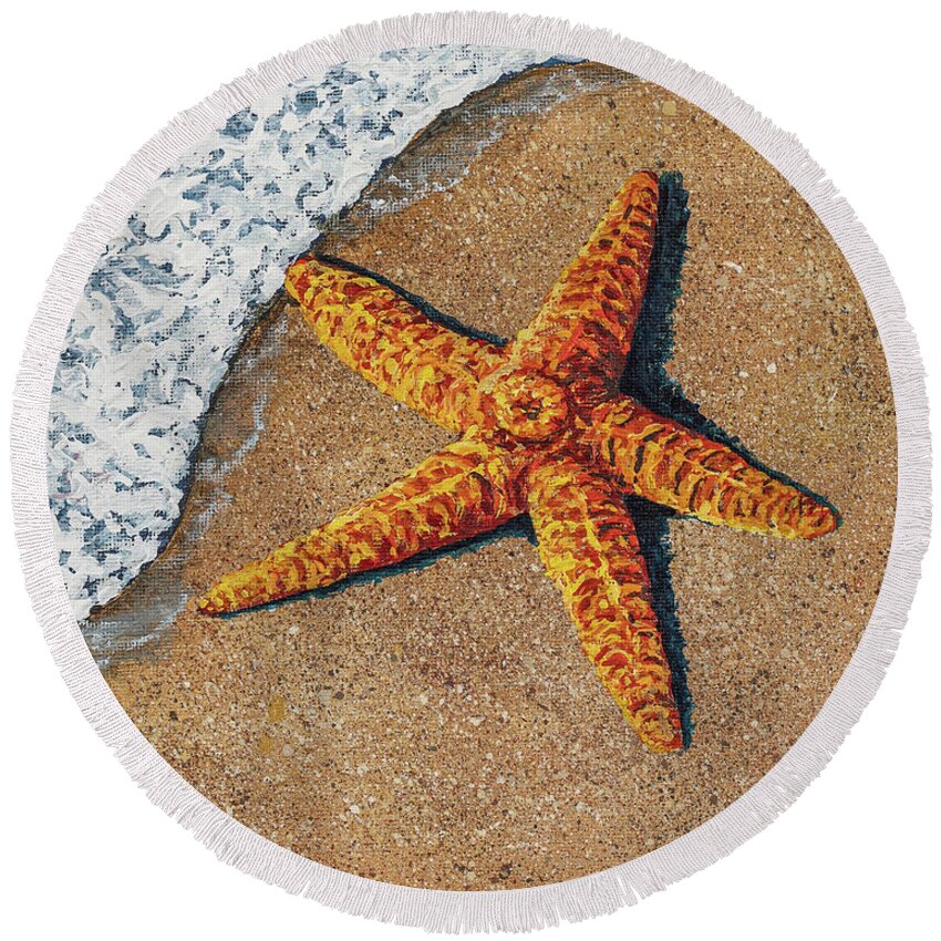 Starfish Round Beach Towel featuring the painting Starfish On The Beach by Darice Machel McGuire