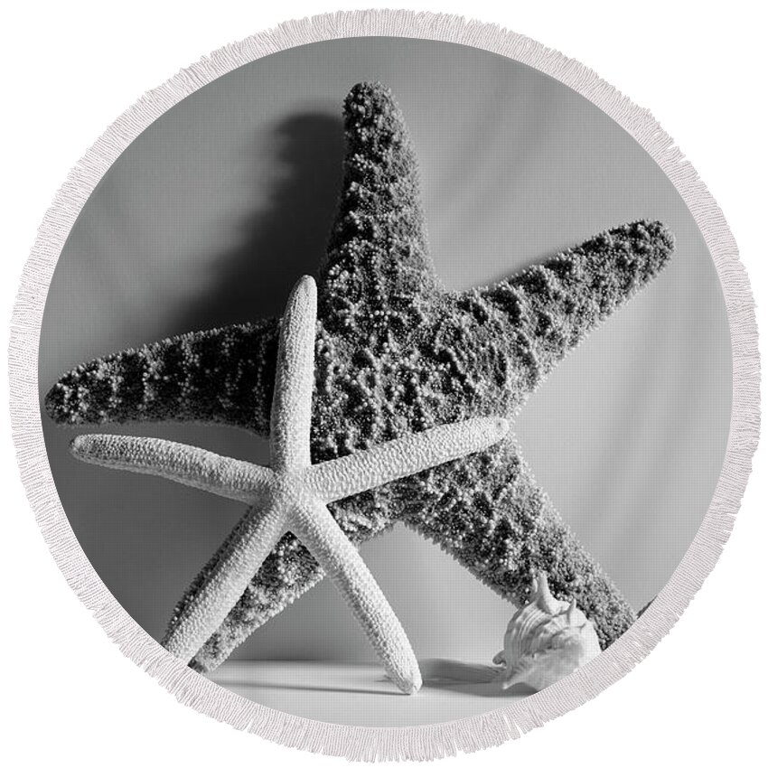 Starfishes Round Beach Towel featuring the photograph Starfishes and Seashells 2 by Angie Tirado