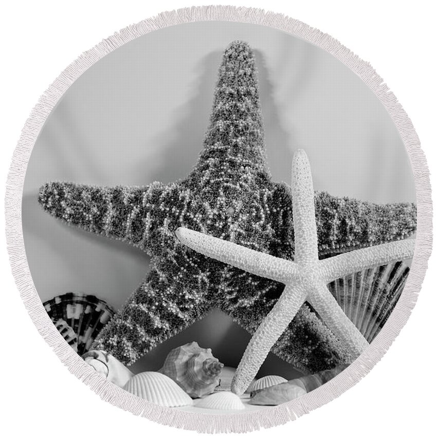 Starfish Round Beach Towel featuring the photograph Starfishes and Seashells 3 by Angie Tirado