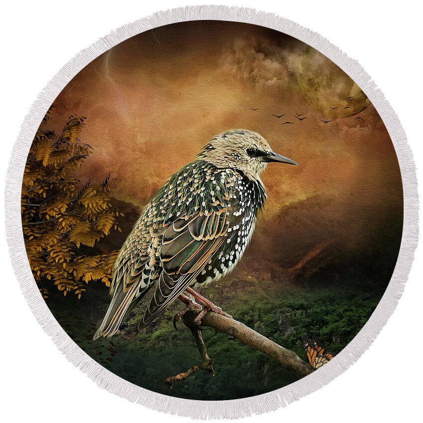 Starling Round Beach Towel featuring the digital art Starling by Maggy Pease